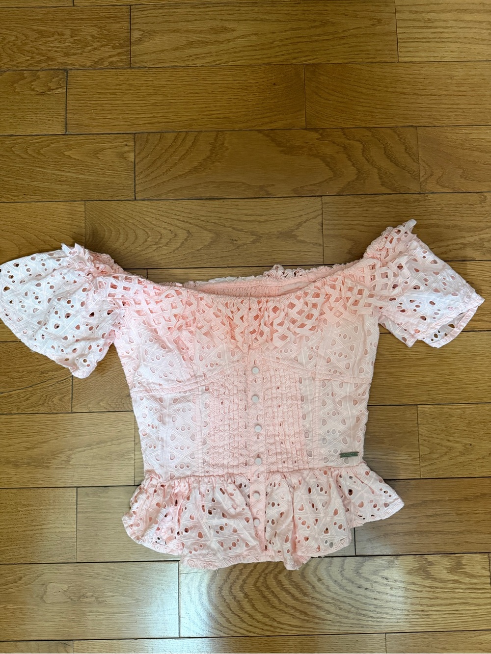 Guess Light Pink Eyelet Off-Shoulder Peplum Top